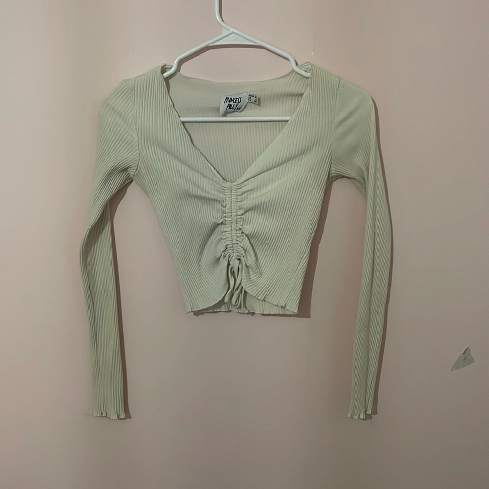 Princess Polly | Cream White Ribbed Long Sleeve Cinch Front Crop Top